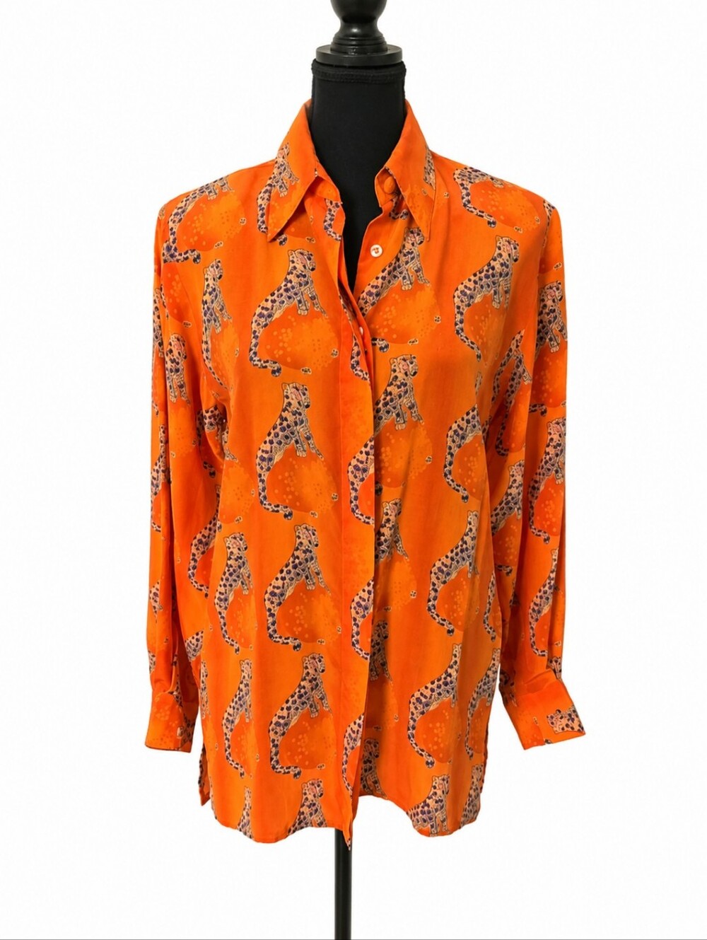 VTG Piano Orange Jaguar Print Button-Up Blouse 100% Silk - Small